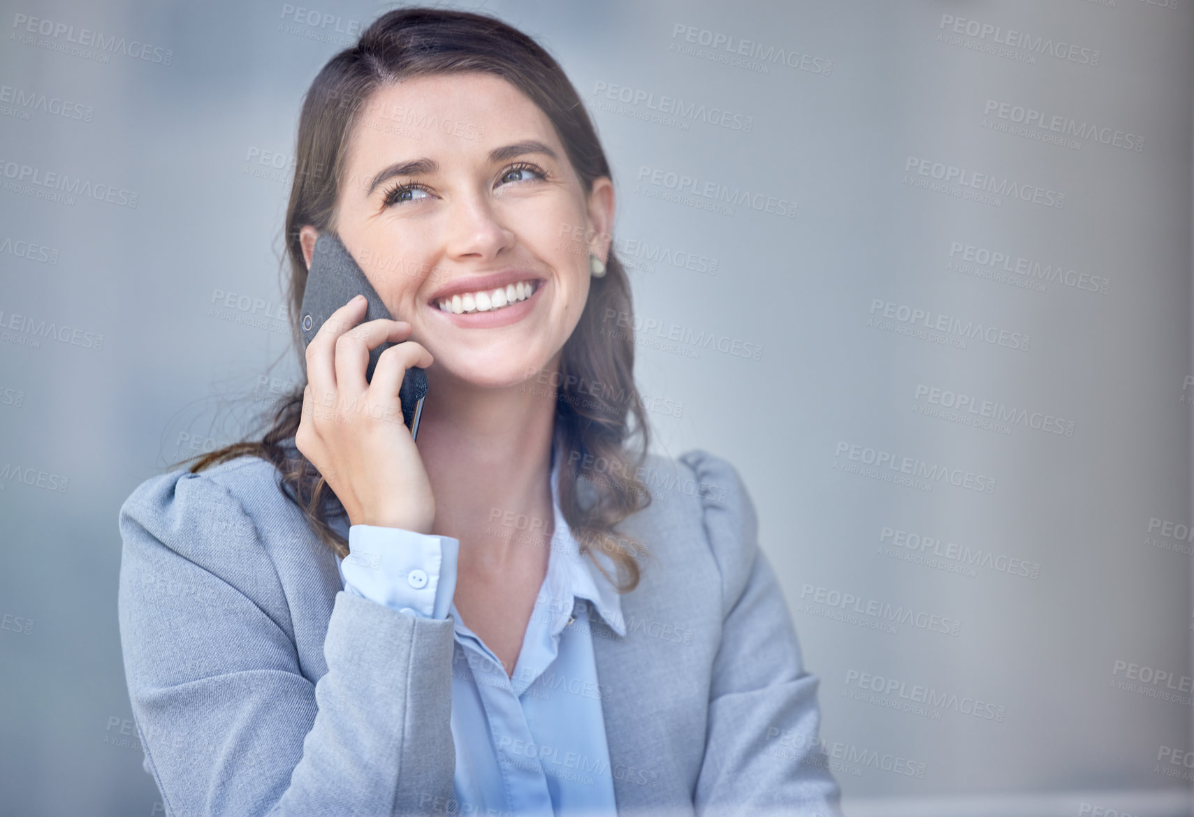 Buy stock photo Thinking, phone call and woman in office with networking for job opportunity, virtual meeting and future career goals. Thoughts, corporate girl and mobile hello with feedback discussion for business