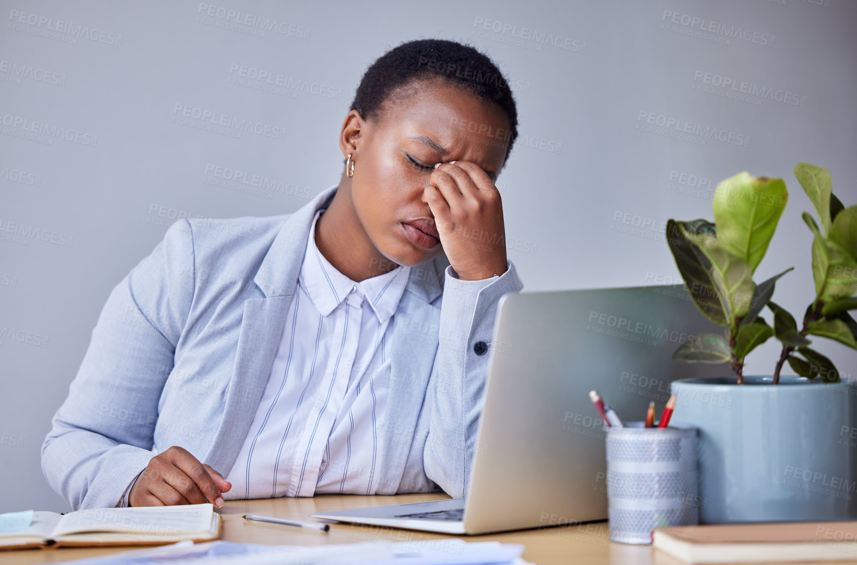 Buy stock photo Office, business and black woman with headache, burnout and tired for overtime as content writer. Workspace, female journalist and stress for deadline of political story, copywriting and online blog