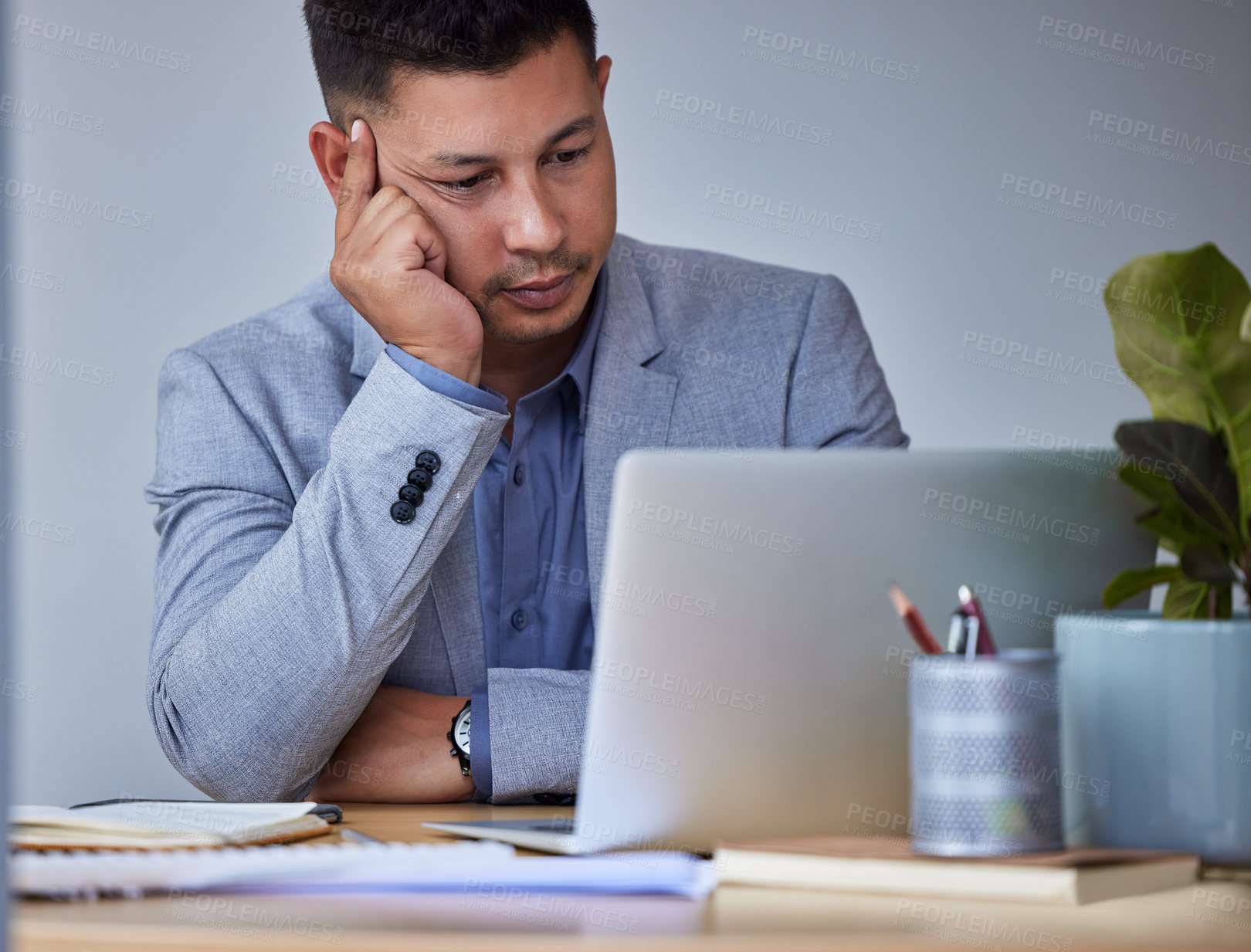 Buy stock photo Tired, stress and businessman thinking on laptop, reading email or decision making with office burnout. Computer, bored and professional problem solving with depression for debt, taxes or bankruptcy