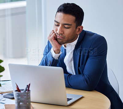 Buy stock photo Bored, tired and business man on laptop in office with burnout, overwork and reading project deadline email. Depression, stress and professional with fatigue, anxiety and financial crisis challenge