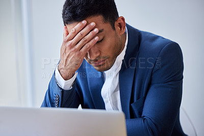 Buy stock photo Headache, depression and business man on laptop in office with burnout, taxes or bad news of bankruptcy email. Stress, migraine and professional with fatigue, anxiety or sick of financial crisis debt