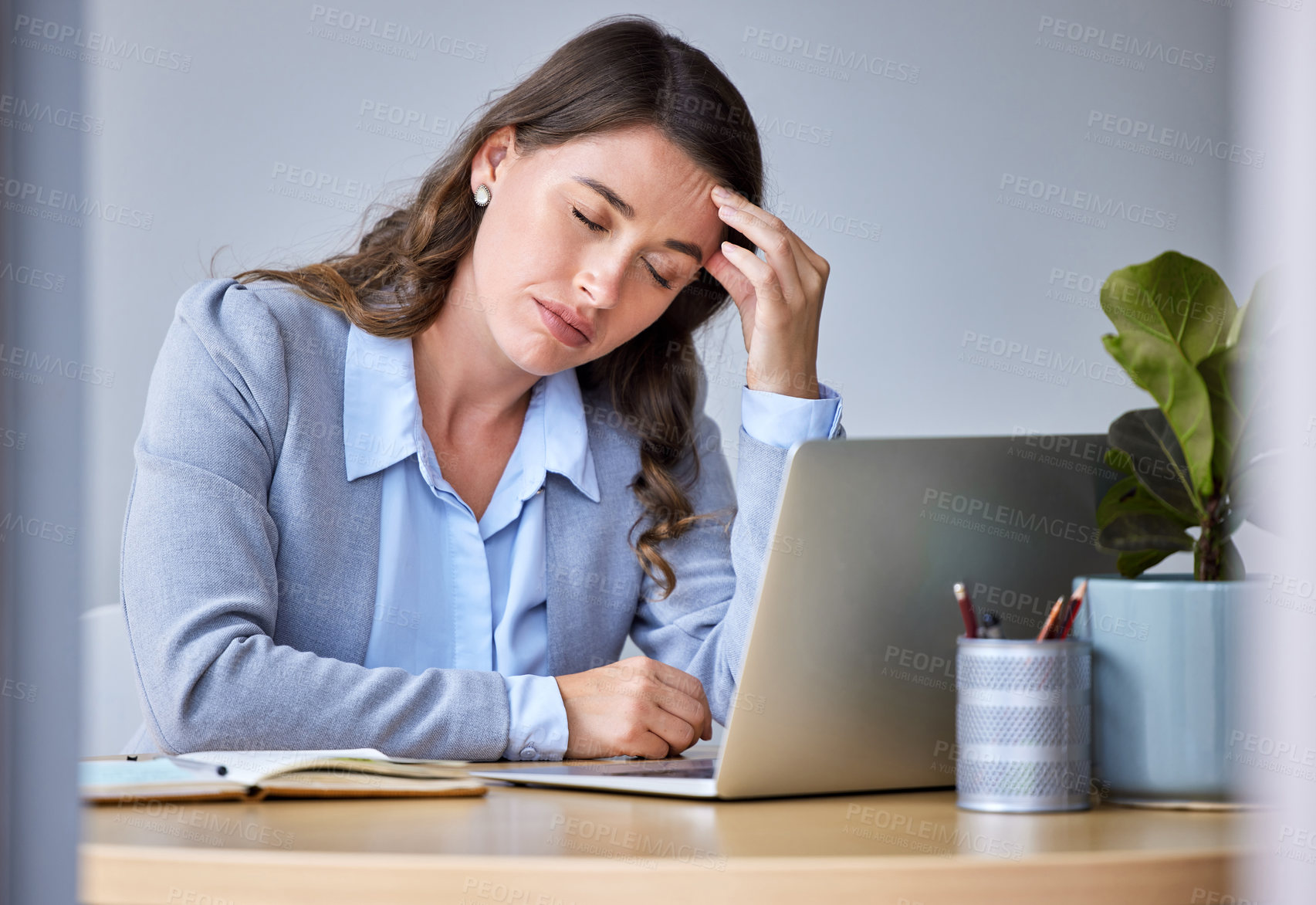 Buy stock photo Laptop, tired and woman in office with headache for burnout, brain fog and fatigue for project mistake. Stress, computer and corporate girl with massage temple and frustrated for 404 internet glitch