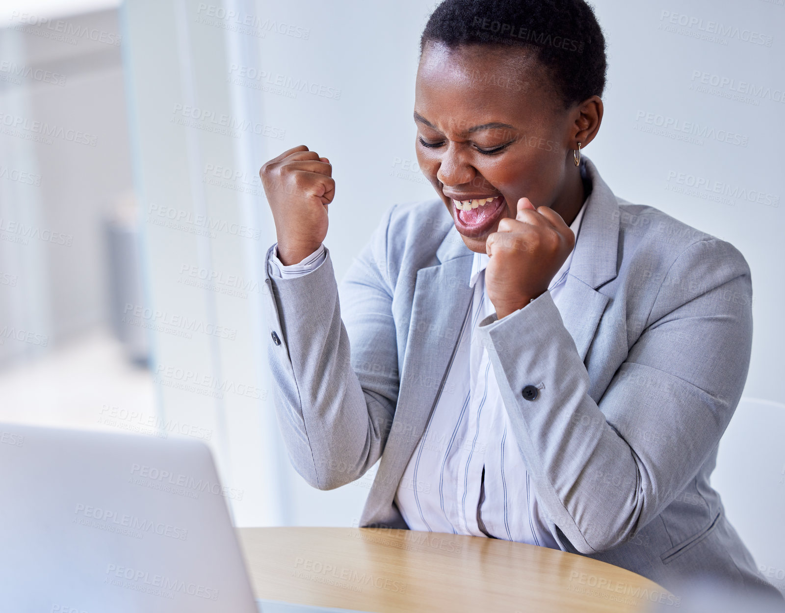 Buy stock photo Startup, smile and black woman with laptop, celebration and bonus in office, excited and technical writer. Proud, person and employee in workplace, computer and happy for project, editor and website