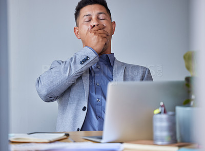 Buy stock photo Man, employee and yawn with laptop in office with paperwork or documents for research ideas. Exhausted, tired and burnout or sleepy from deadline, project and paper as copy writer with tasks