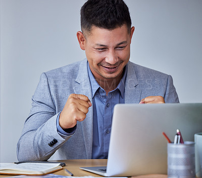 Buy stock photo Corporate, laptop and fist of businessman in office for celebration, deal or success on project. Winner, technology and employee for achievement, good news or bonus notification at rental company