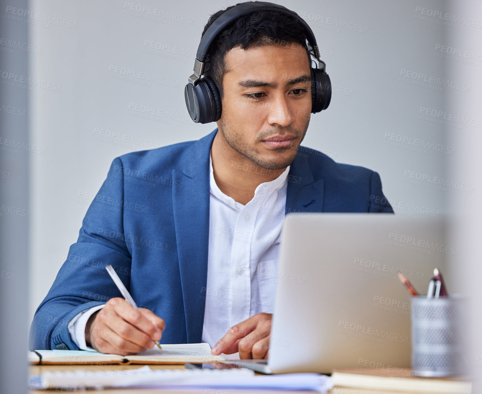 Buy stock photo Businessman, laptop and headphones for business meeting, communication and agenda at work. Virtual assistant, tech and planning for email, administration and research with schedule in remote office