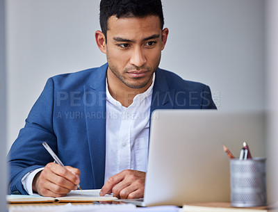 Buy stock photo Man, employee and writing notes with laptop in office for internet or online research for legal advice as lawyer. Law firm, table and notebook or diary with planning for courtroom  and legal case