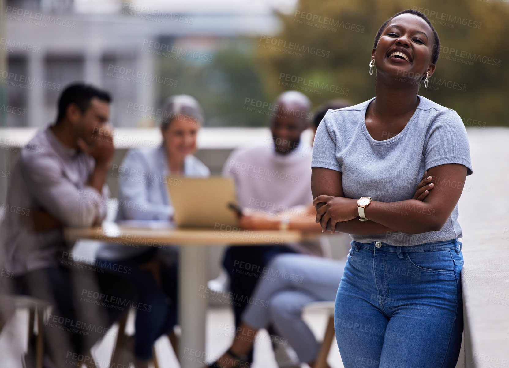 Buy stock photo Portrait, crossed arms and woman with team on balcony for collaboration, leadership or confidence. Laugh, meeting and female designer with pride by business people in discussion on office rooftop.