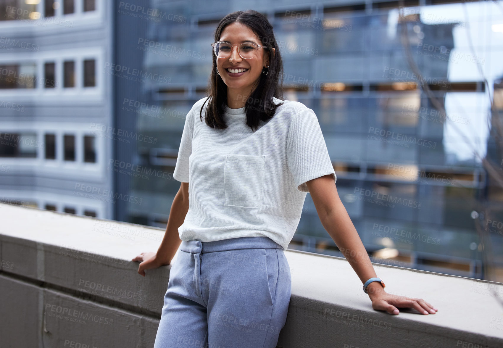 Buy stock photo Happy, business woman and city background with confidence, ambition and positivity in career. Smile, female person and employee in portrait outdoor on roof with pride and joy for professional job