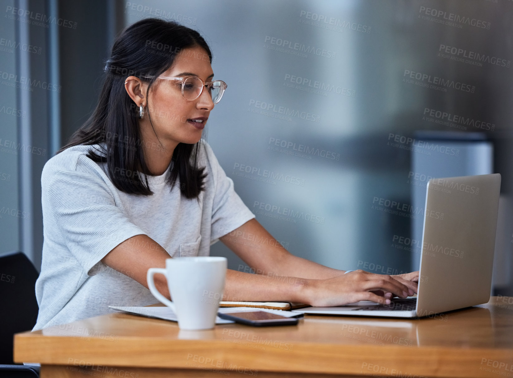 Buy stock photo Office, business woman and laptop for typing, research and copywriting as content writer. Workplace, desk and computer of female journalist for brainstorming, article info or writing email in morning