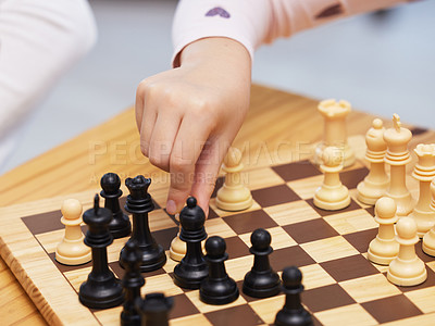 Buy stock photo Chess, board game and hand with pawn, play and strategy  for person playing for checkmate. Thinking, planning and intelligence for challenge and move, problem solving and competition for people