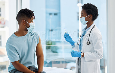 Buy stock photo Shot of a doctor about to inject the arm of a patient