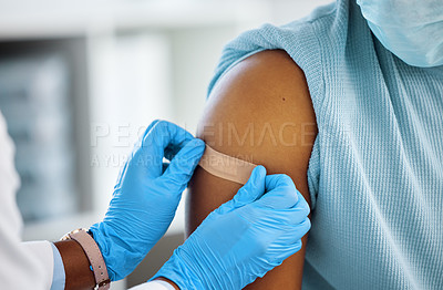 Buy stock photo Healthcare, doctor with plaster on a patient arm and in a hospital room. Medicine treatment or safety care, surgeon with scrubs and nurse with medical aid kit with a person at a clinic for wellness