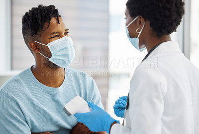 Buy stock photo Shot of a doctor showing her patient his temperature