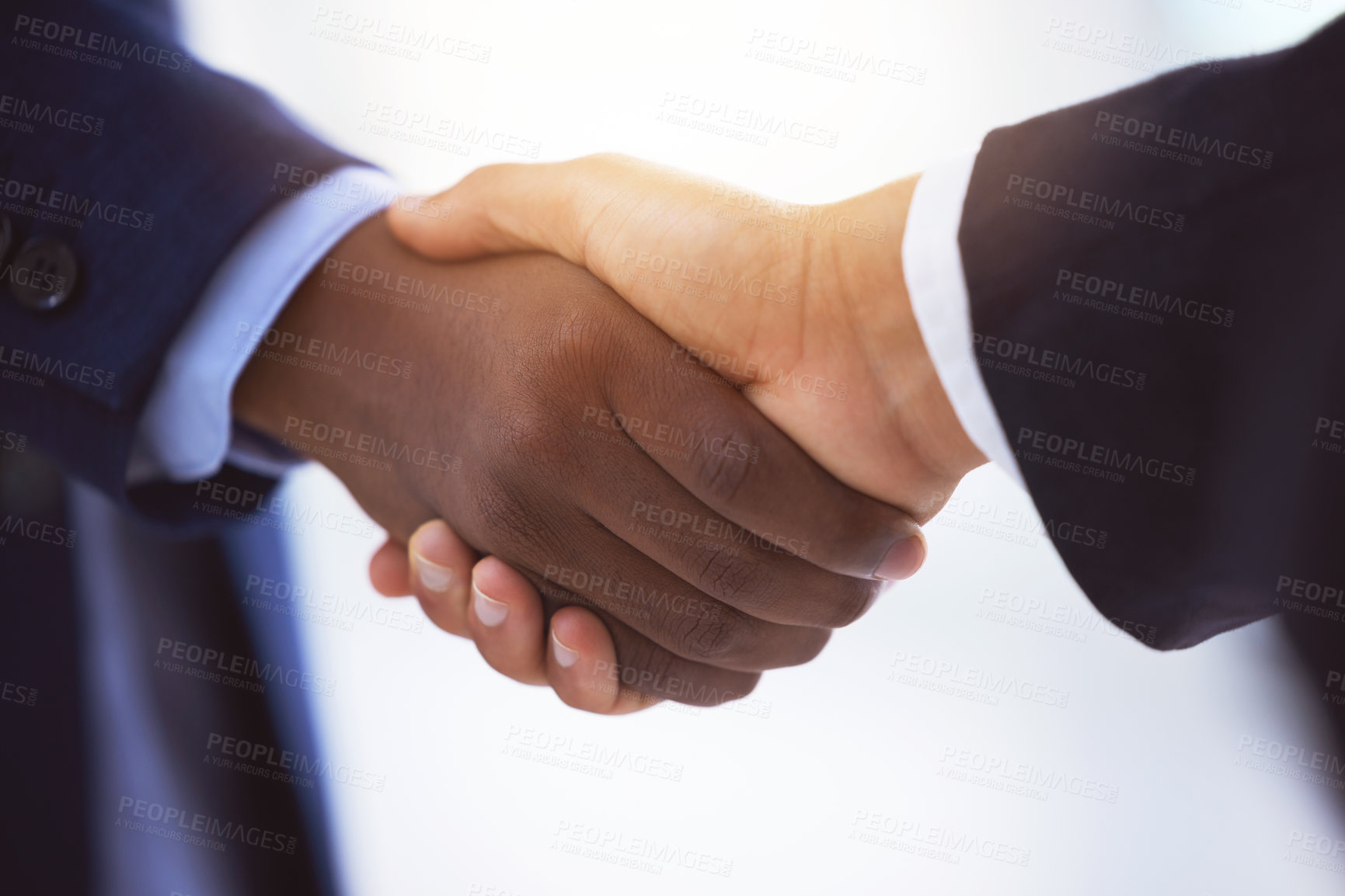 Buy stock photo Meeting, handshake and teamwork for sales deal, success and b2b collaboration. Closeup, agreement and business people for investment company, finance and negotiation with diversity for thank you