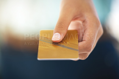 Buy stock photo Hand, banking and person holding credit card for shopping in store with purchase or transaction. Spending, money and paying accounts with finance or ecommerce for expense at checkout at retailer.