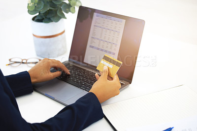 Buy stock photo Credit card, laptop screen and man hands for invoice, online payment and budget or financial management in business. Office person on computer typing, banking or information for finance quote or loan