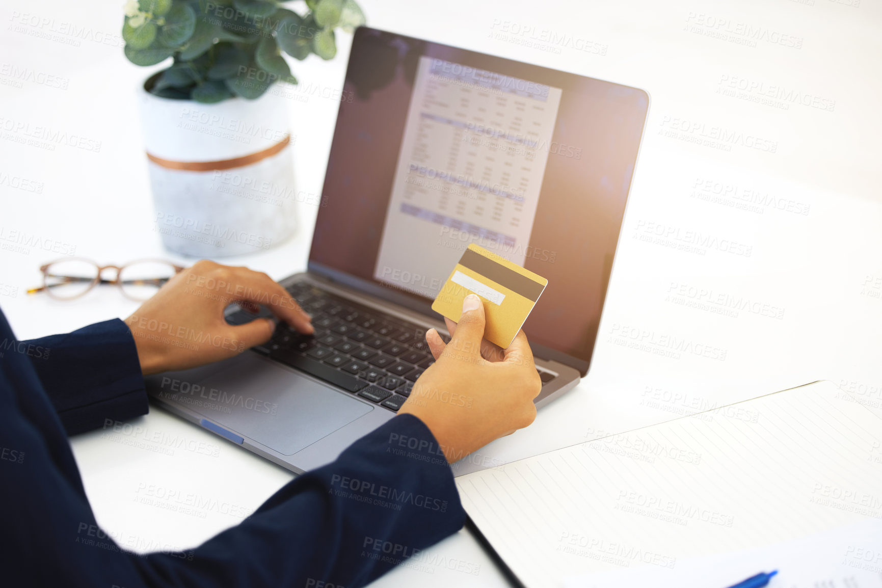 Buy stock photo Credit card, laptop screen and man hands for invoice, online payment and budget or financial management in business. Office person on computer typing, banking or information for finance quote or loan