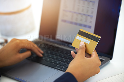 Buy stock photo Credit card, laptop and business man hands for invoice, online payment and budget or digital receipt in accounting. Business person on computer screen typing, app banking for finance, salary or loan