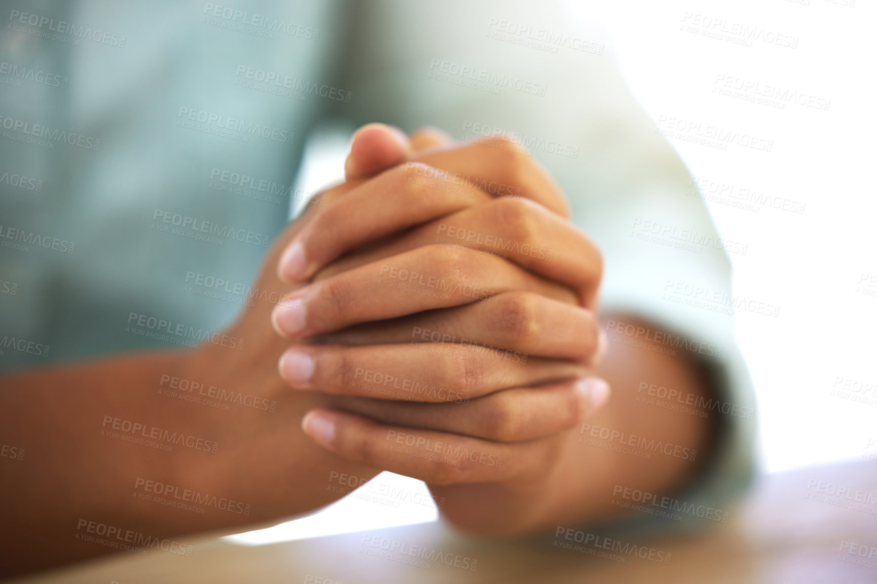 Buy stock photo Prayer, hands together and woman in faith, religion and hope for career opportunity or job search. Praying hand, sign or emoji of christian person with worship, charity and gratitude for ngo business