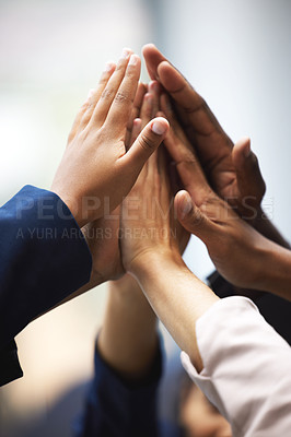 Buy stock photo High five, celebration and hands of business people for team building, meeting or collaboration. Unity, diversity and closeup of group of employees with success, achievement or teamwork to celebrate.