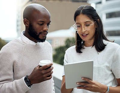 Buy stock photo Teamwork, tablet and business people in city in discussion for planning, online networking or internet. Collaboration, meeting and man and woman on digital tech for research, website or email in town