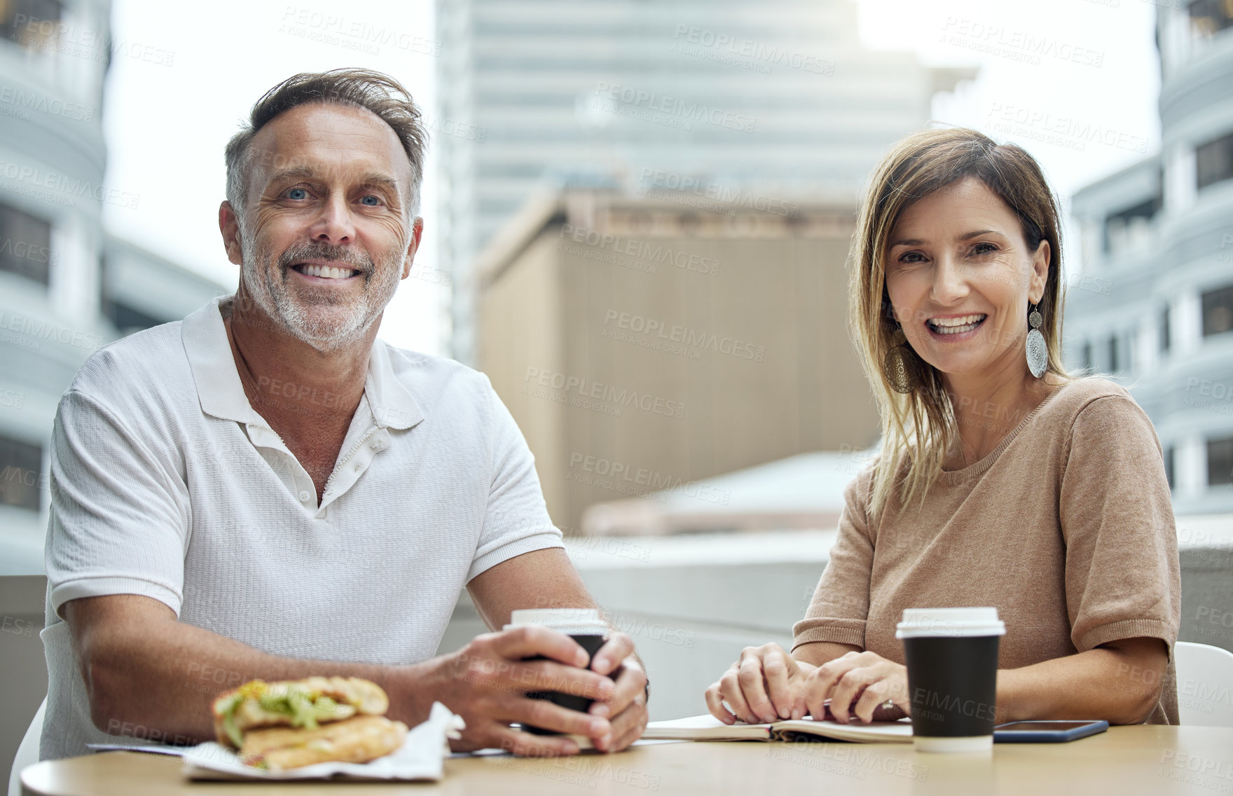 Buy stock photo Portrait, lunch and business people with teamwork, smile and happiness with planning, ideas and brainstorming. Face, man and woman with coffee, food and healthy meal with break, relax and cooperation