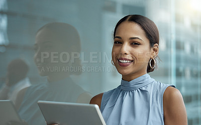 Buy stock photo Business woman, smile and portrait with tablet in urban city for communication, web design or online news. Female person, tech and happy outdoor for internet research, remote work and networking