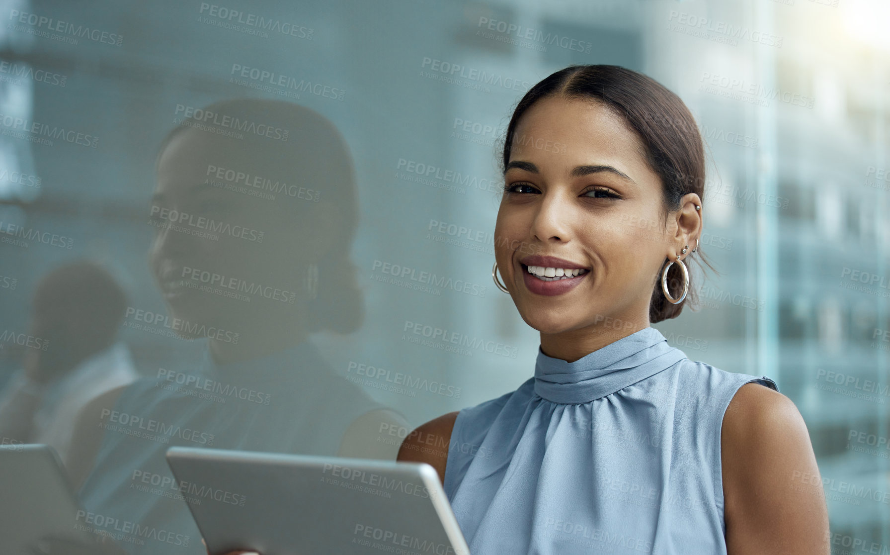 Buy stock photo Business woman, smile and portrait with tablet in urban city for communication, web design or online news. Female person, tech and happy outdoor for internet research, remote work and networking