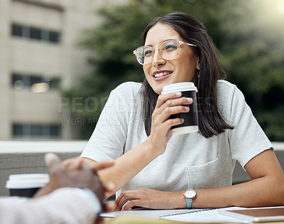 Buy stock photo Woman, student and coffee in outdoor, friends and communication for study education on campus. Female person, cafe and latte or espresso for conversation, talking and together for university books