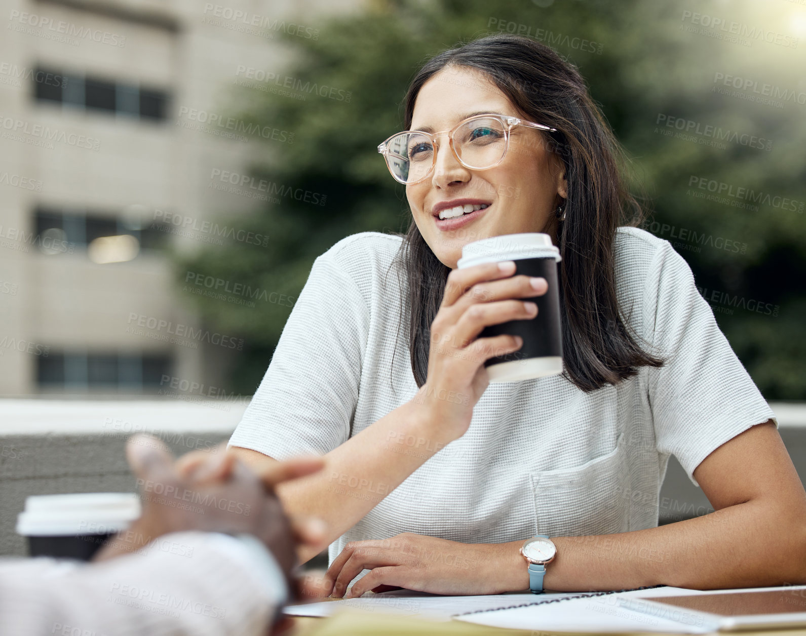 Buy stock photo Woman, student and coffee in outdoor, friends and communication for study education on campus. Female person, cafe and latte or espresso for conversation, talking and together for university books