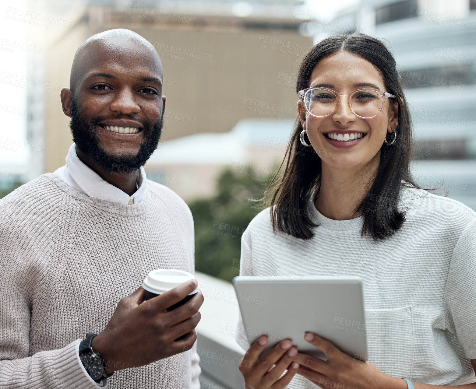 Buy stock photo Teamwork, tablet and portrait of business people in city for planning, online networking and internet. Collaboration, startup and man and woman on digital tech for research, website and email in town