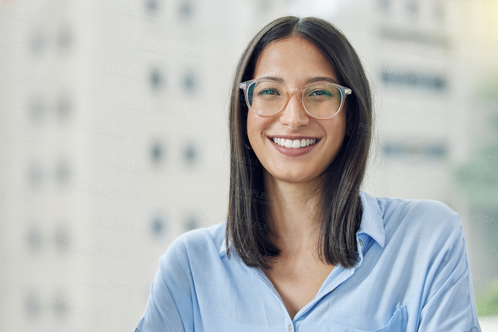 Buy stock photo Corporate woman, portrait and glasses in city with pride for startup agency, happy and job in criminal law. Female entrepreneur, business and attorney on balcony with confidence and smile in New York