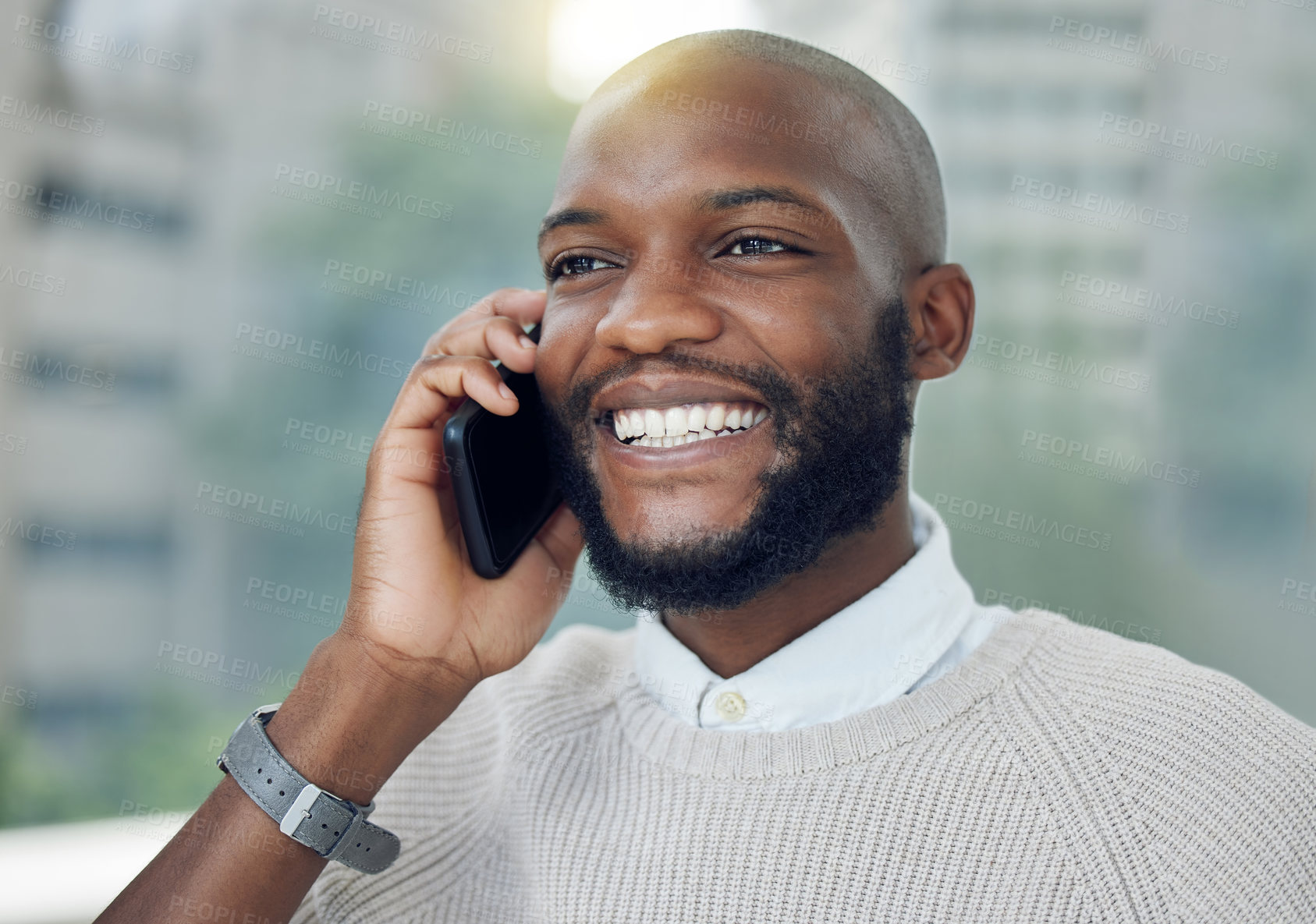Buy stock photo African man, smile and phone call outdoor for business deal, contact and networking clients. Worker, smartphone and communication on balcony for conversation, talk or listening as personal assistant
