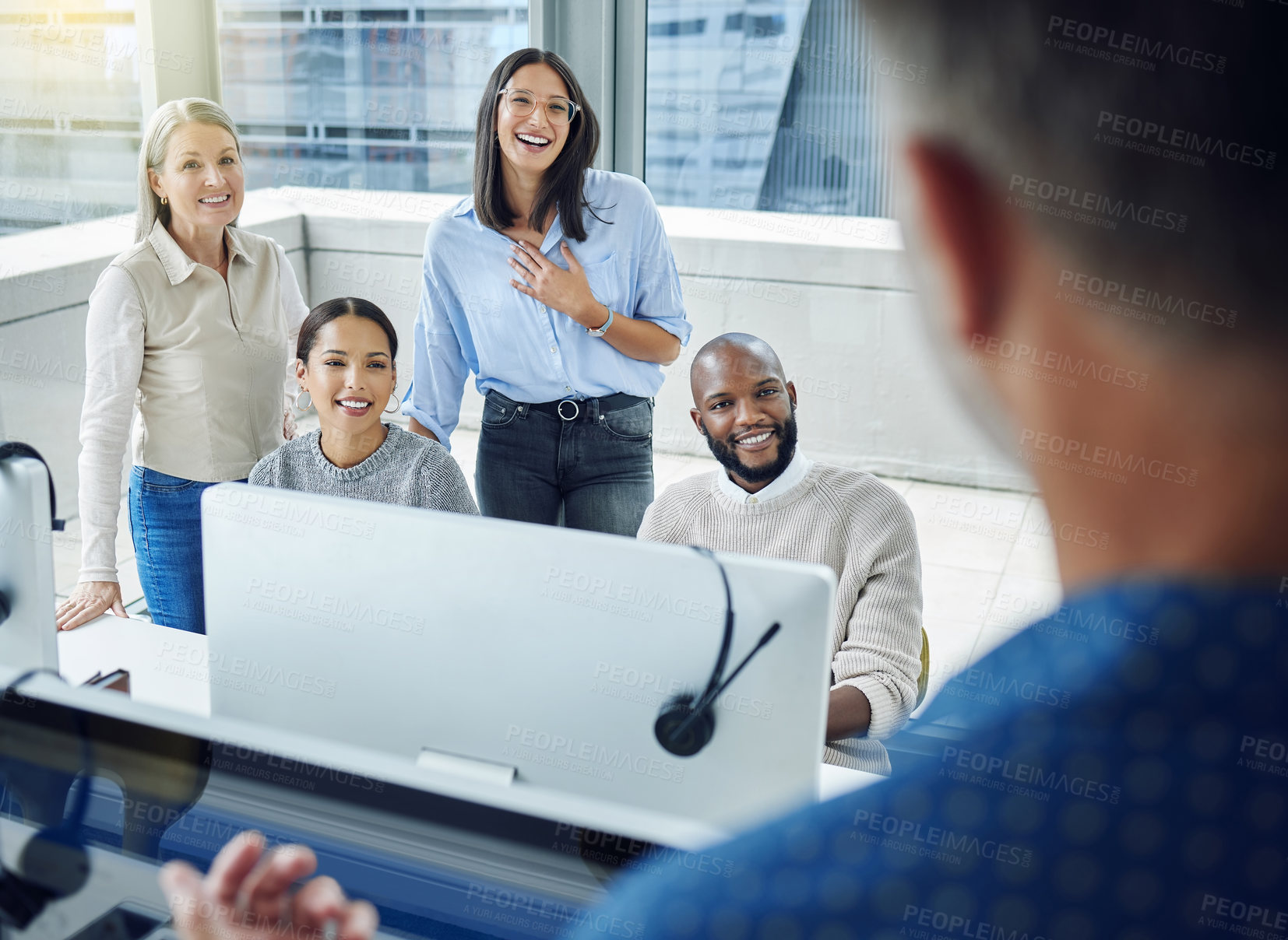 Buy stock photo Group, leadership and smile for presentation with business people in office. Meeting, training and communication to team of colleagues discussing sales strategy, planning and brainstorming ideas