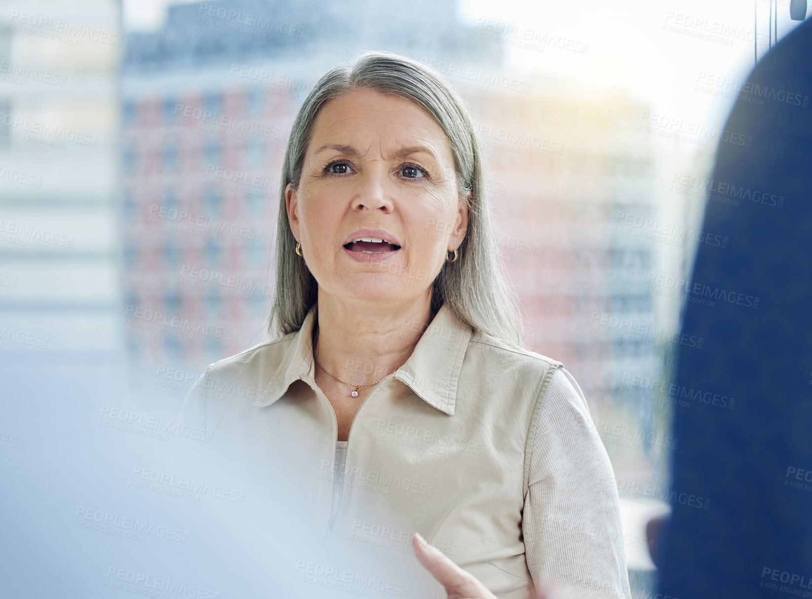 Buy stock photo Cropped shot of an attractive mature businesswoman addressing her colleagues while standing on the office balcony