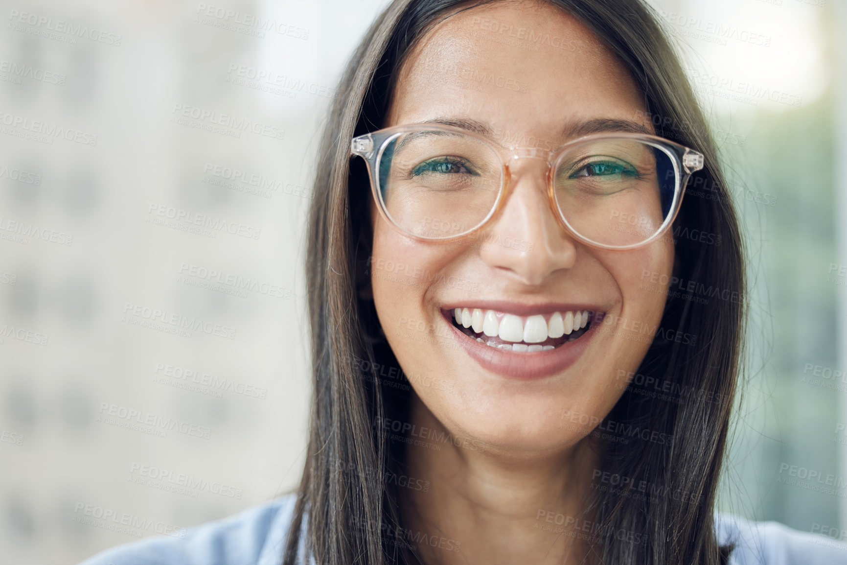 Buy stock photo Business, face and happy woman in city with glasses for job in criminal law, startup and career goals. Female attorney, smile and portrait on rooftop for positive attitude and excited in New York