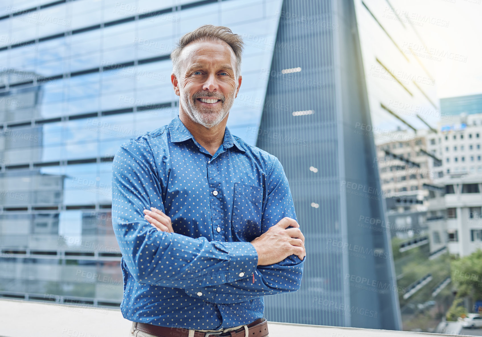 Buy stock photo Business man, portrait and executive of call center with confidence, leader and happy on office balcony. Manager, professional worker and entrepreneur of person in New York city, mature and working