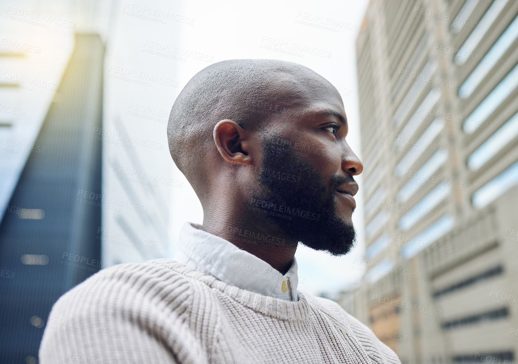 Buy stock photo Thinking, business and black man in city, decision and opportunity with planning, entrepreneur and urban town. Profile, African person and employee with ideas, buildings and solution with choice
