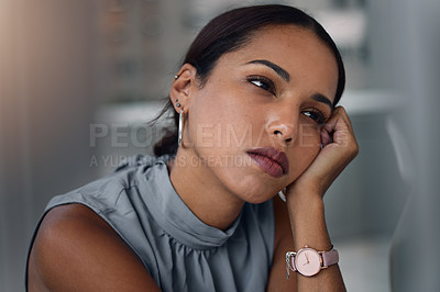 Buy stock photo Businesswoman, bored and office with thinking, publishing and overtime for goals. Tired creative writer, professional news editor and expert reporter for content creation, deadline and press startup