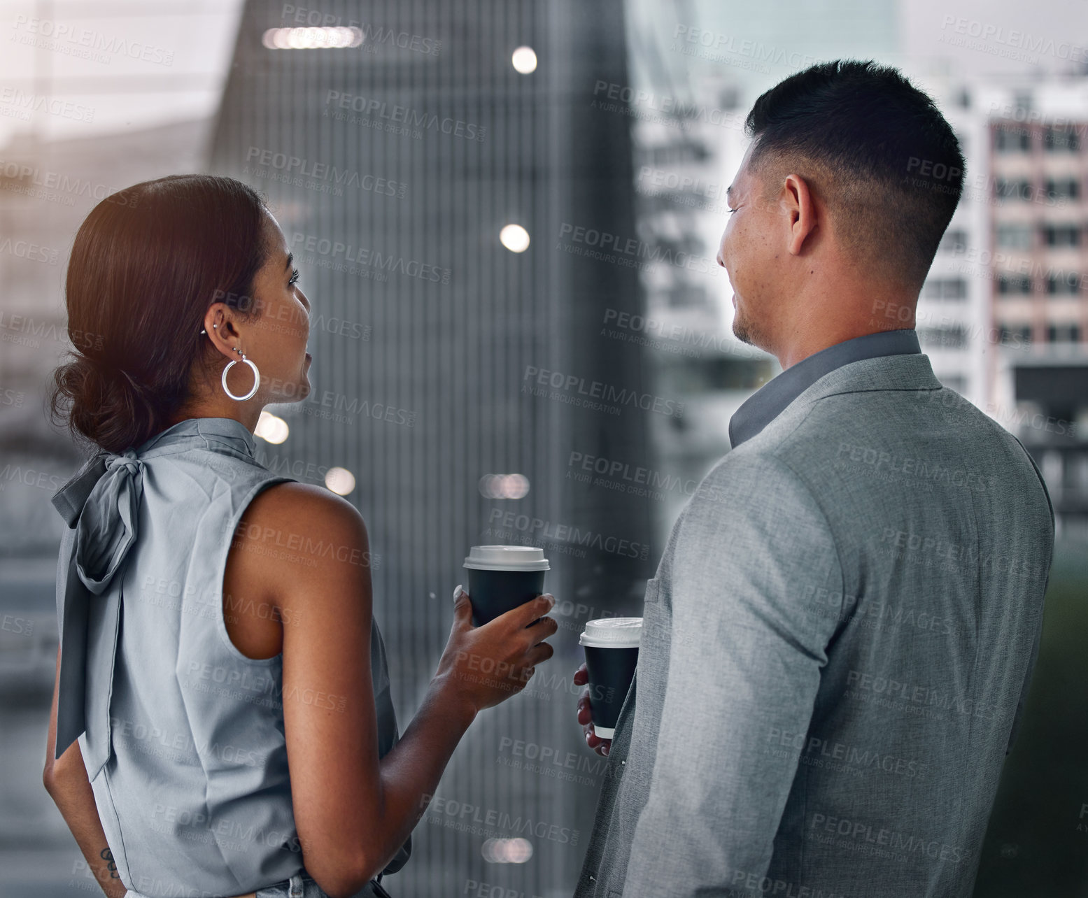 Buy stock photo Business people, talking and coffee in office, team and morning conversation for planning. Employees, back and communication or espresso for networking at work, speaking and collaboration on idea