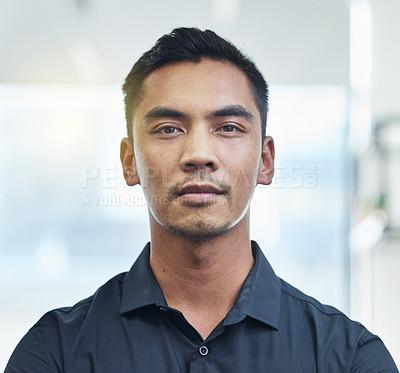Buy stock photo Portrait, serious and man with a career, business owner and company growth in the workplace. Face, male person or employee with startup success, professional or career with formal wear and consultant