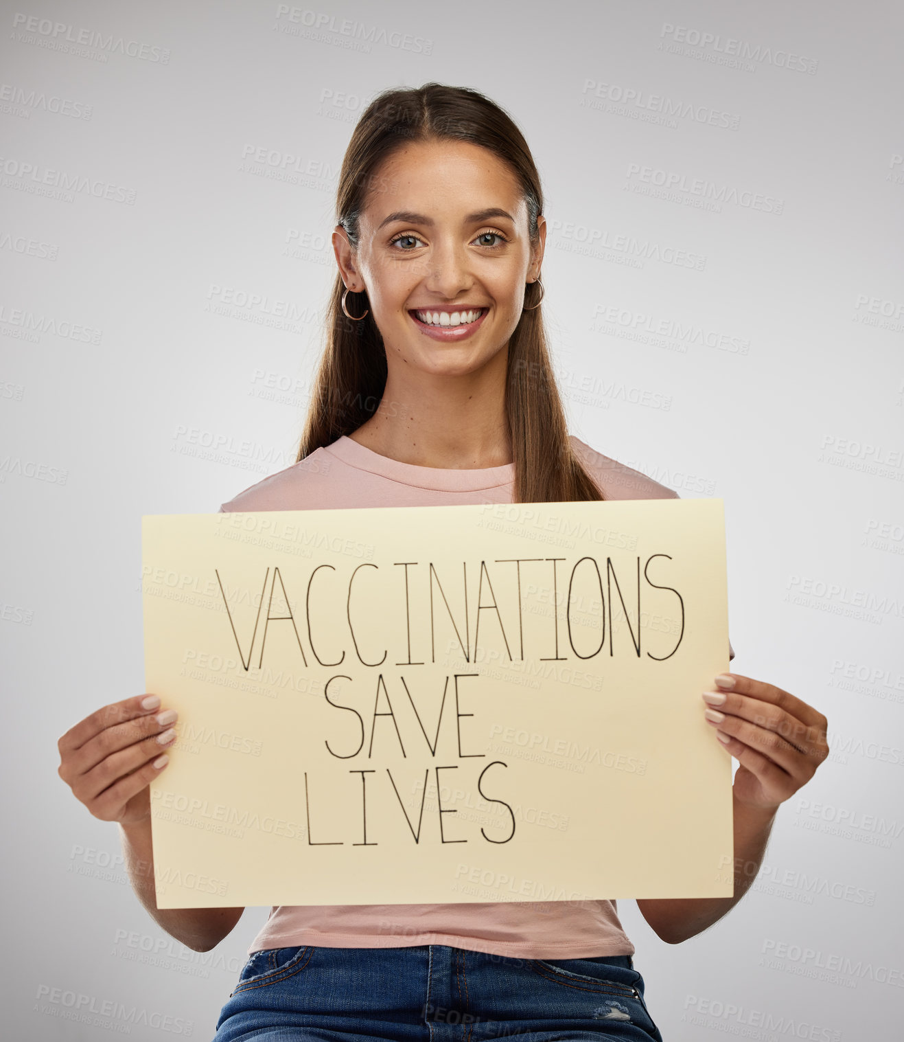 Buy stock photo Poster, board and portrait of girl in studio for medical campaign, activism and healthcare opinion. Happy, smile and woman with billboard in paper for vaccine, message and info on gray background