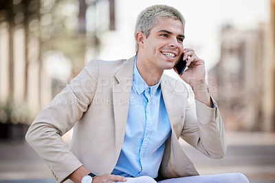 Buy stock photo Nature, smile and businessman with phone call in park for communication, promotion and good news. Male person, smartphone and outdoors with thinking for job opportunity, discussion and information