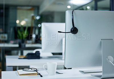 Buy stock photo Shot of a work station in a call centre