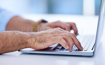 Buy stock photo Laptop, hands and business man typing for online research, editing and copywriting or website management closeup. Professional person, writer or editor working on computer for article, blog or media