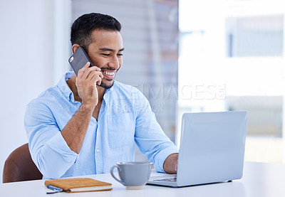 Buy stock photo Phone call, computer and business man talking, office communication and networking, advice or financial news. Mobile conversation, voip and happy asian person or accountant working on laptop and chat