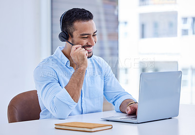 Buy stock photo Call center, laptop and man, agent or consultant talking, typing and technical support, advice or service in office. Happy web advisor, callcenter worker or asian person speaking or help on computer