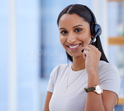 Buy stock photo Portrait, smile and woman with headset in office for career, call agent or telecommunication. Professional, business person or consultant for advice, support or answer questions for customer service