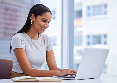 Buy stock photo Happy, black woman and consultant with laptop and notebook for email, connection and planning with clients. Female employee or freelancer with computer for communication and research for customers